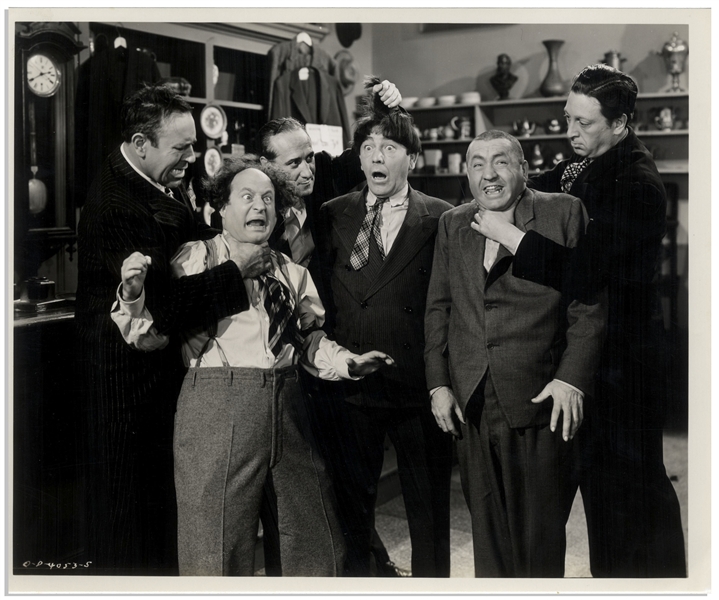 Moe Howard Personally Owned Lot of Five 10'' x 8'' Glossy Photos From the 1946 Three Stooges Films ''Rhythm and Weep'' & ''Three Loan Wolves'' -- Very Good Plus Condition